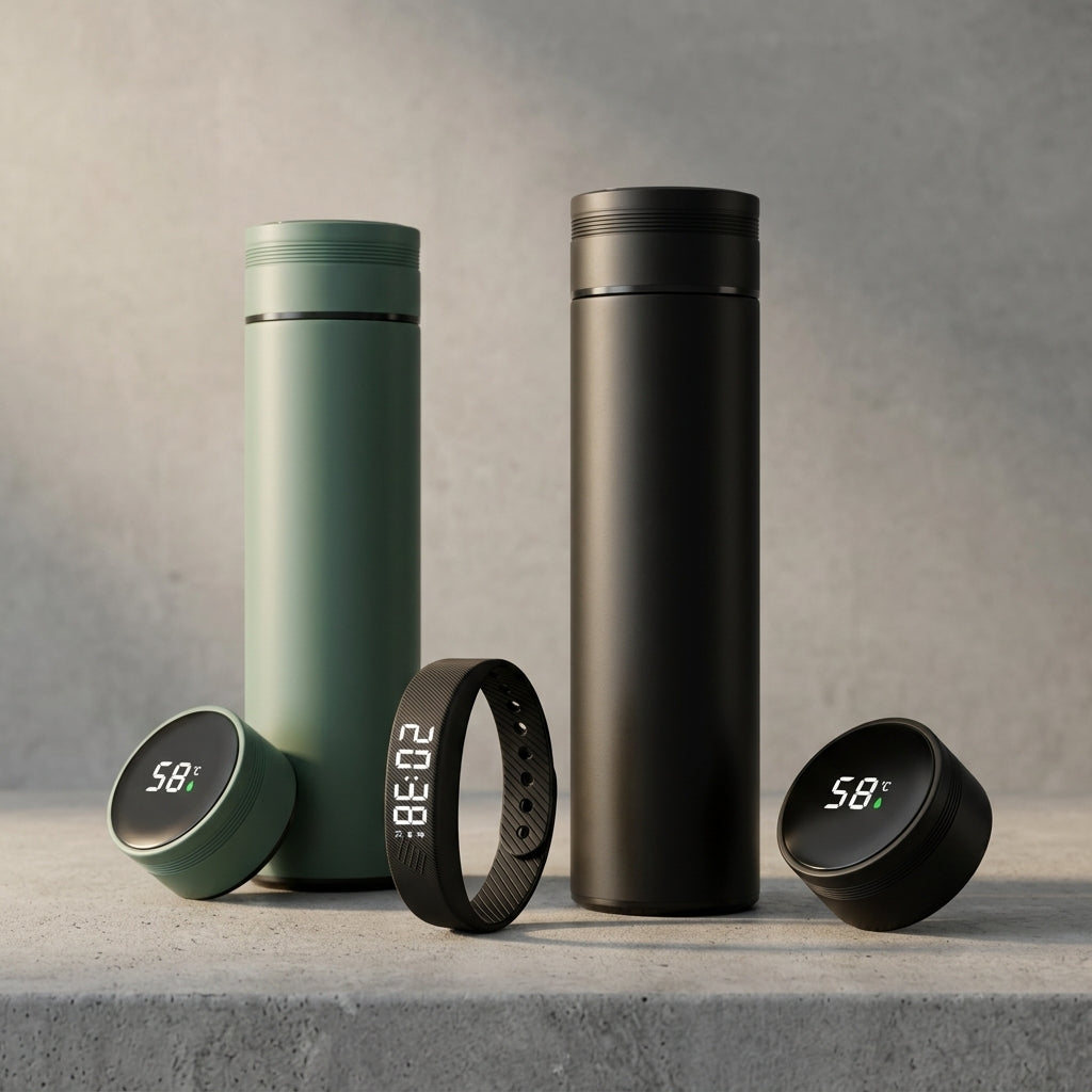 Two thermos bottles, one green and one black, with digital temperature displays on a gray surface.